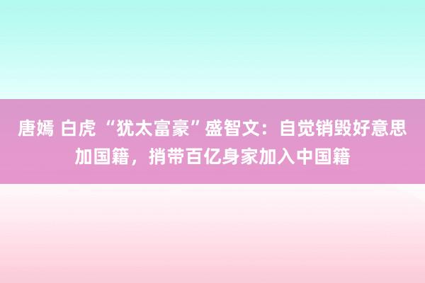 唐嫣 白虎 “犹太富豪”盛智文：自觉销毁好意思加国籍，捎带百亿身家加入中国籍